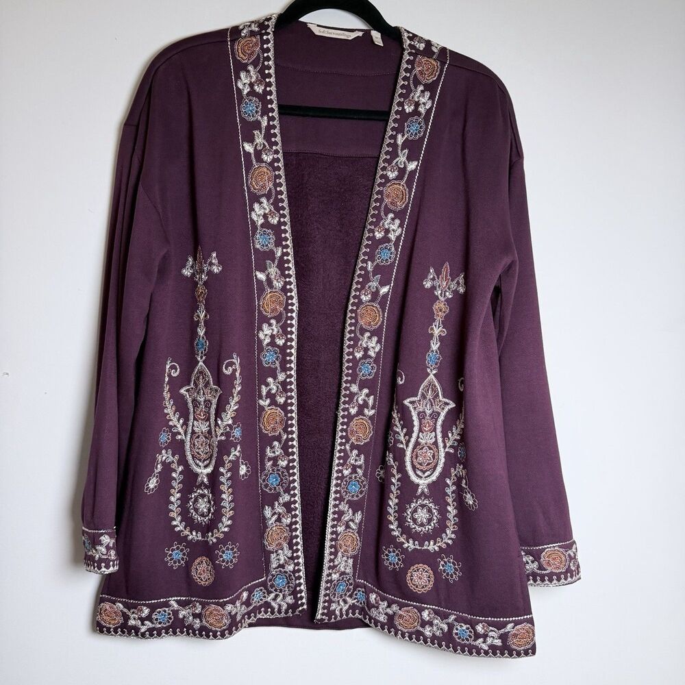 Soft Surroundings embroidered open-front cardigan jacket burgundy Size Medium